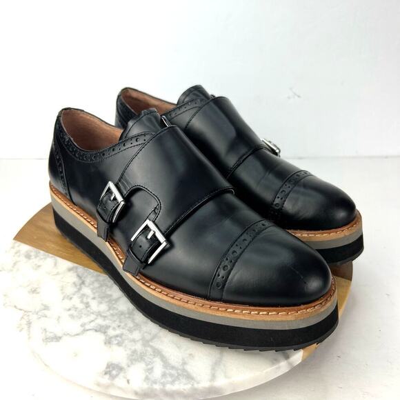 EUC Halogen Black Leather Cap Toe Platform Monk Strap Oxford Shoes Size 8.5 - Picture 3 of 10